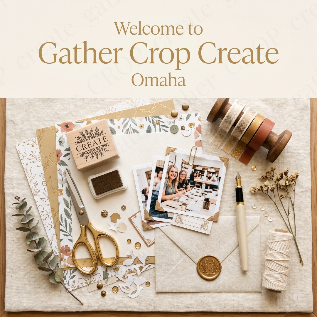 Scrapbooking supplies laid out on a cream linen surface — patterned paper, gold scissors, washi tape, and dried botanicals